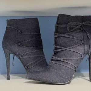 Shoe Dazzle Blue Jean Heeled Boots with Stiletto Elegance